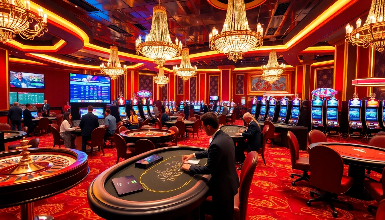 Action-packed gaming scene at thabet casino with players engaging at poker and roulette tables.
