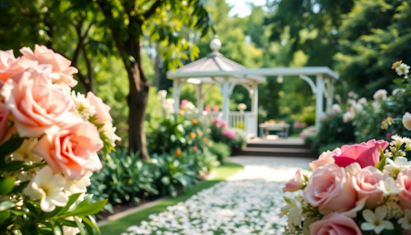 Hochzeitslocation in einem prachtvollen Garten mit Blumen und einer charmanten Gazebo.