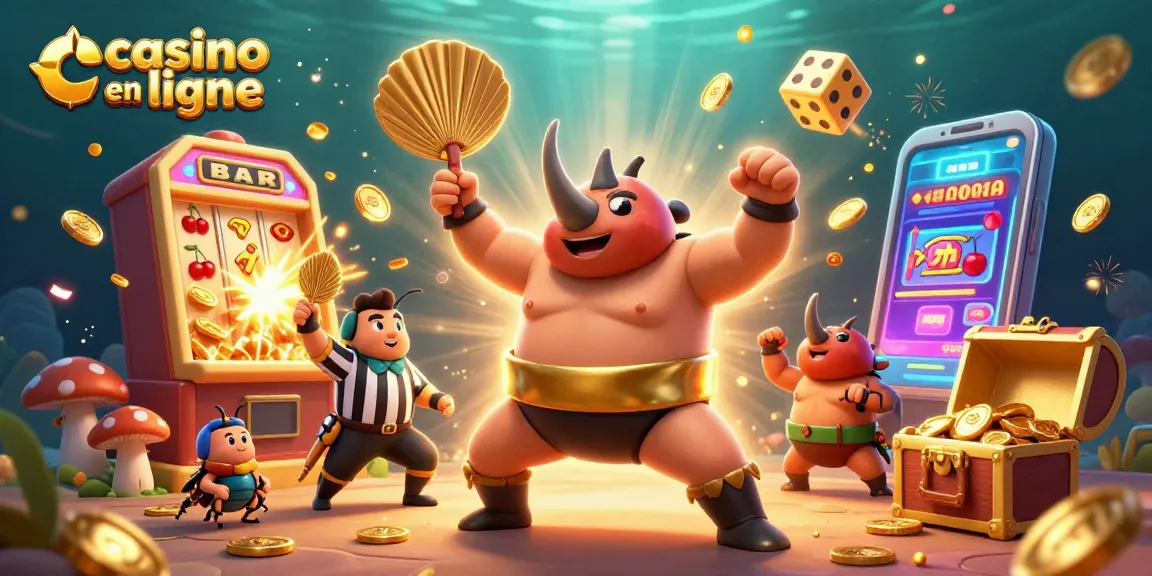 Casino en ligne avec un scarabée rhinocéros en sumo, des pièces d'or et des effets visuels dynamiques.