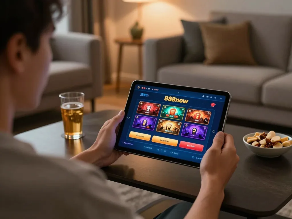 Engaging with 888now đăng nhập in a cozy home atmosphere while using the tablet for online gambling.