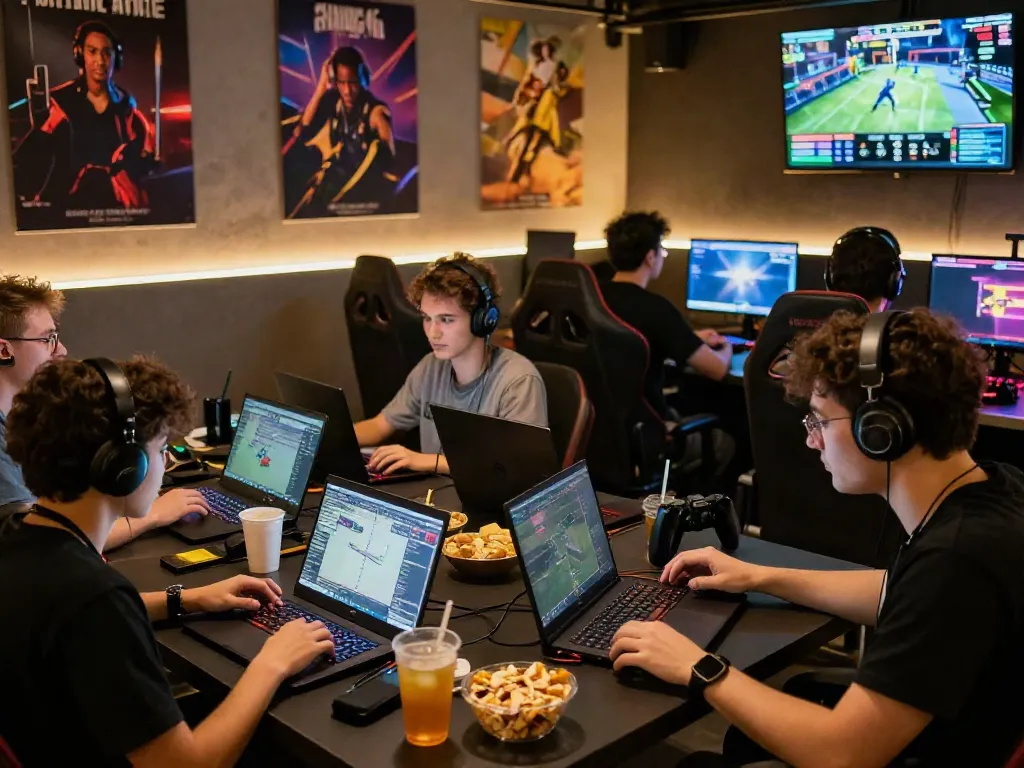 Gaming enthusiasts discussing strategies for link alternatif djarum bos in a vibrant online gaming setting.
