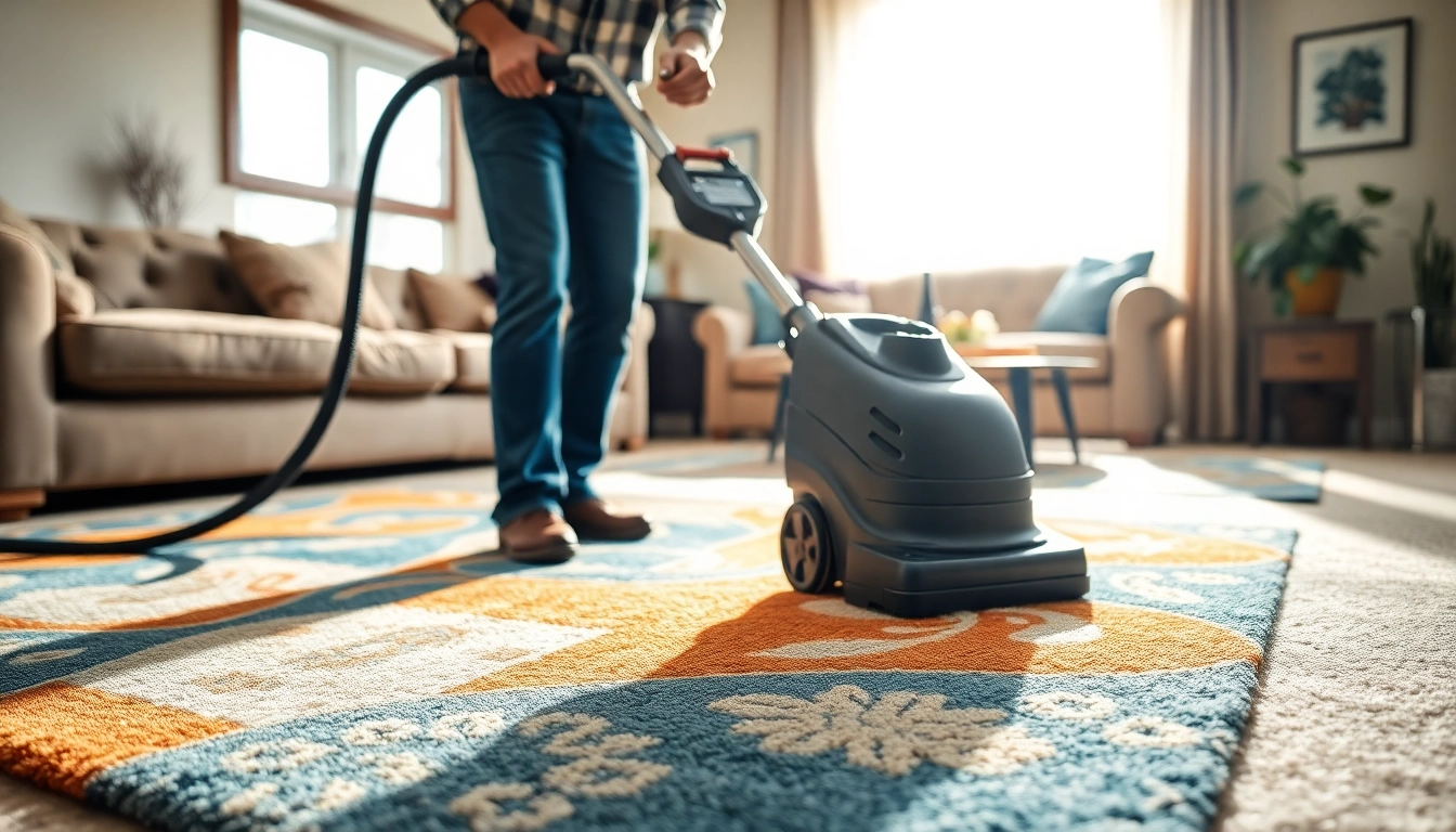 Professional carpet cleaners Lincoln CA working on a vibrant area rug in a cozy living room.