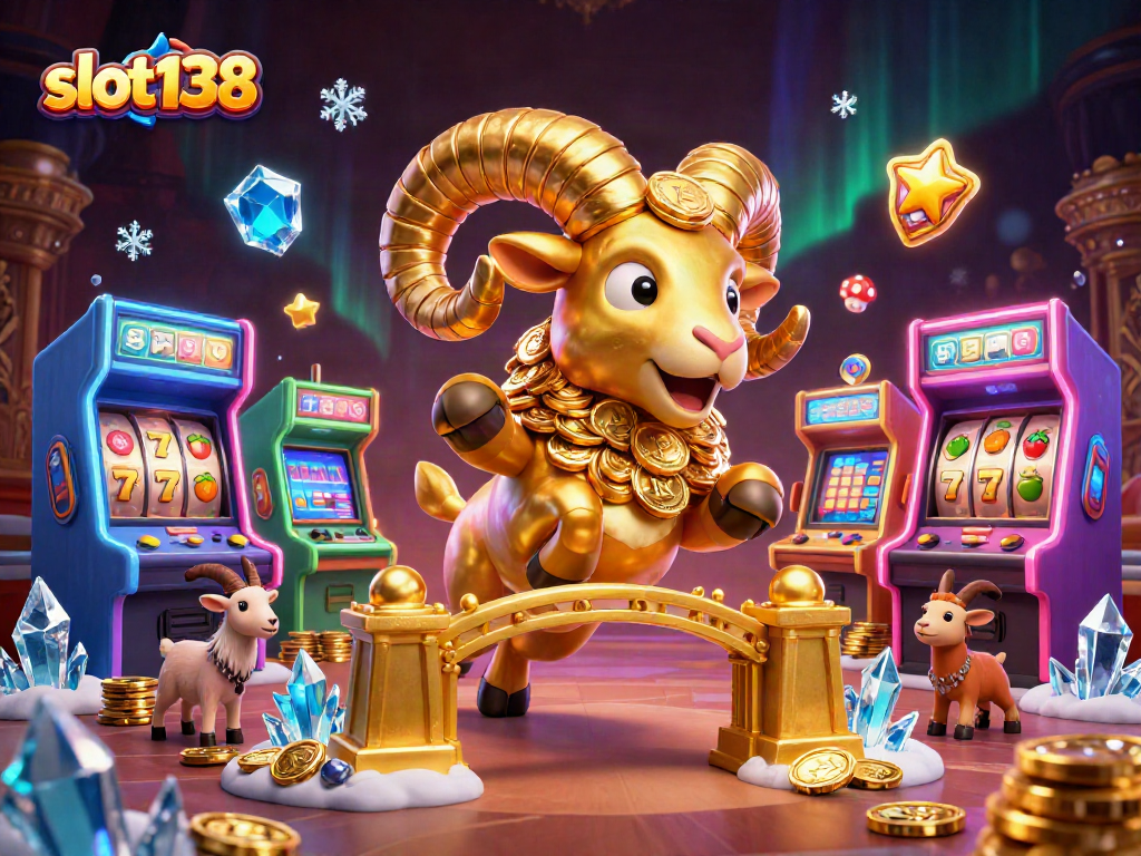 Engage with slot138, featuring a golden ram charging through arcade game elements and slot reels.