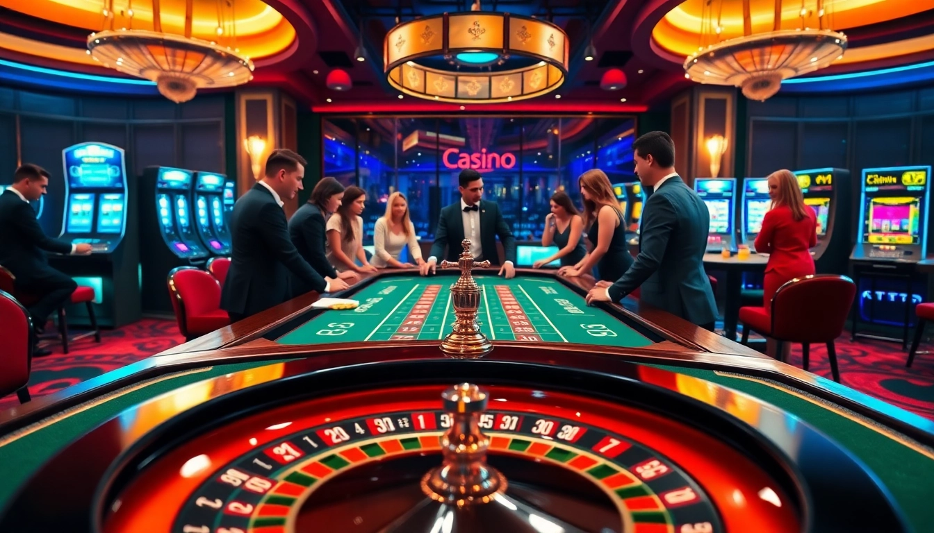 Scène de casino en ligne avec des tables vibrantes et des joueurs engagés dans des jeux passionnants.