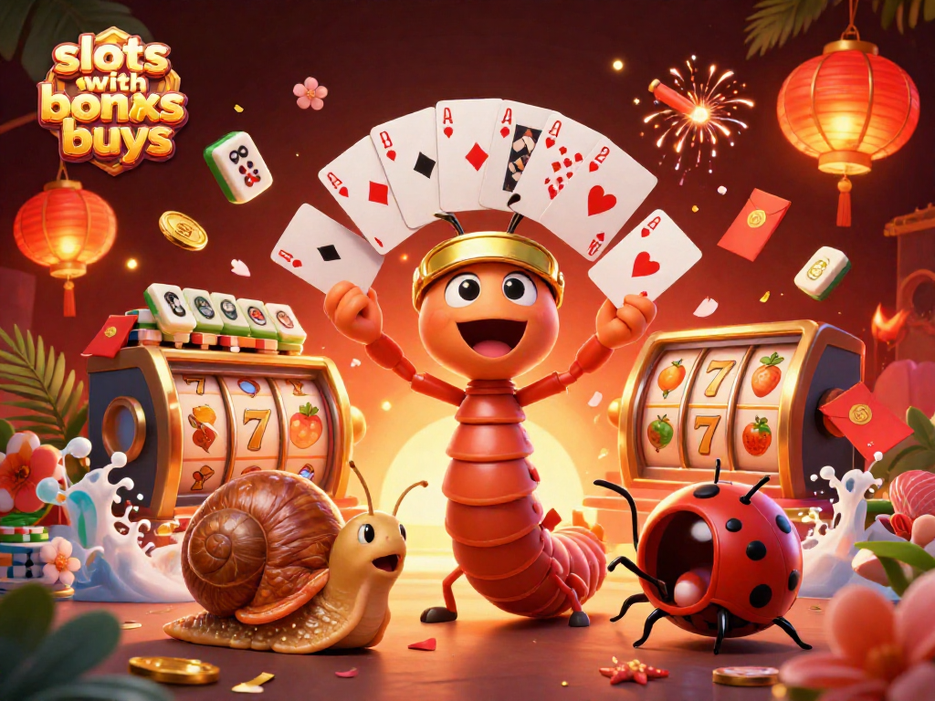 Engage in thrilling slots with bonus buys amid a vibrant casino scene featuring cartoon characters and festive elements.