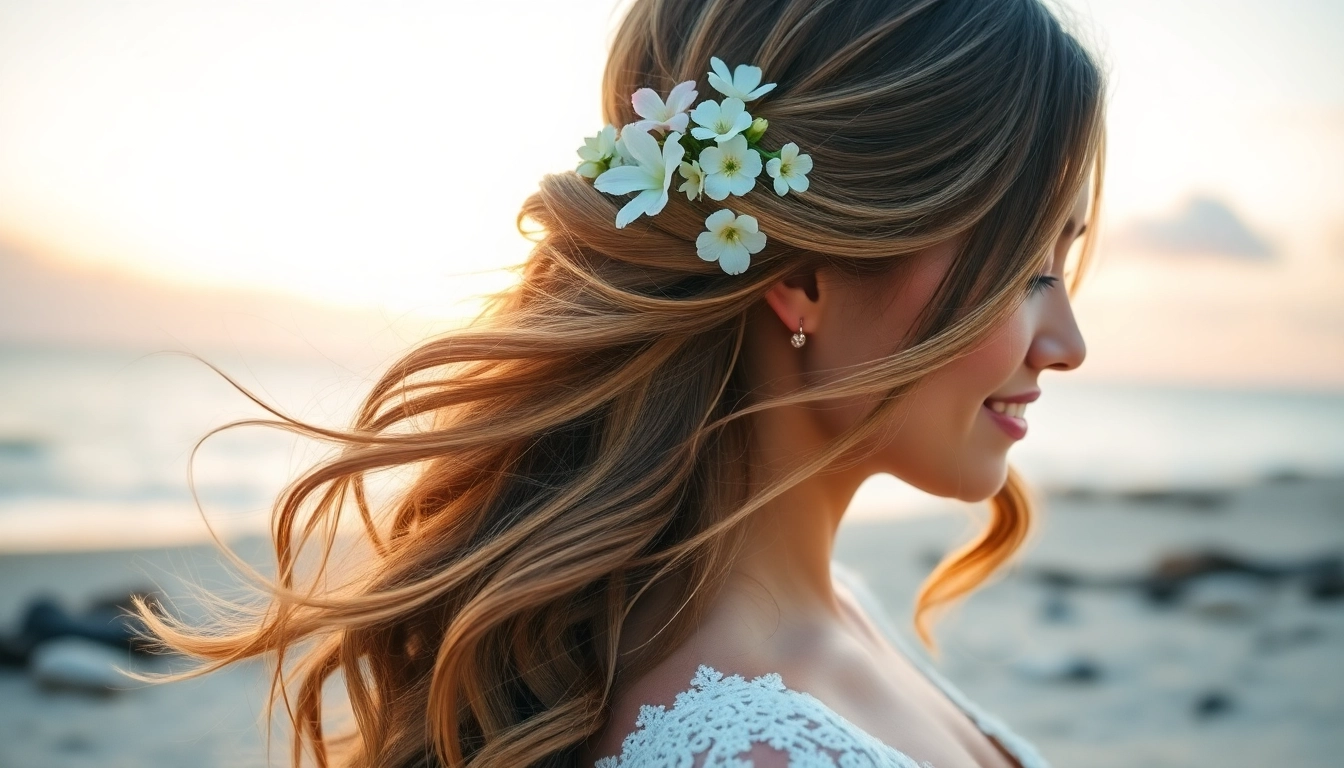 Destination wedding hair stylist creating a stunning bridal look with elegance and floral accents.