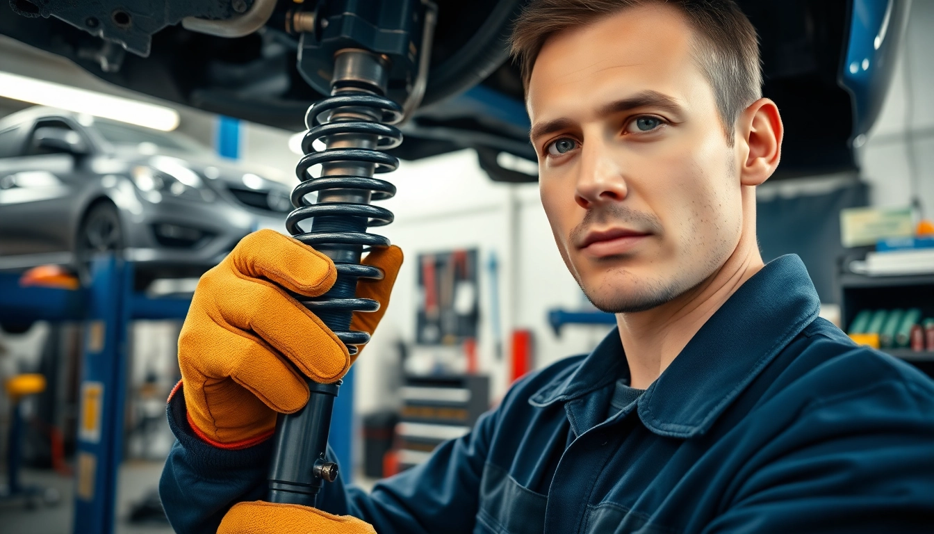 Stoßdämpfer wechseln berlin: Mechaniker wechselt Stoßdämpfer in einer professionellen Werkstatt.