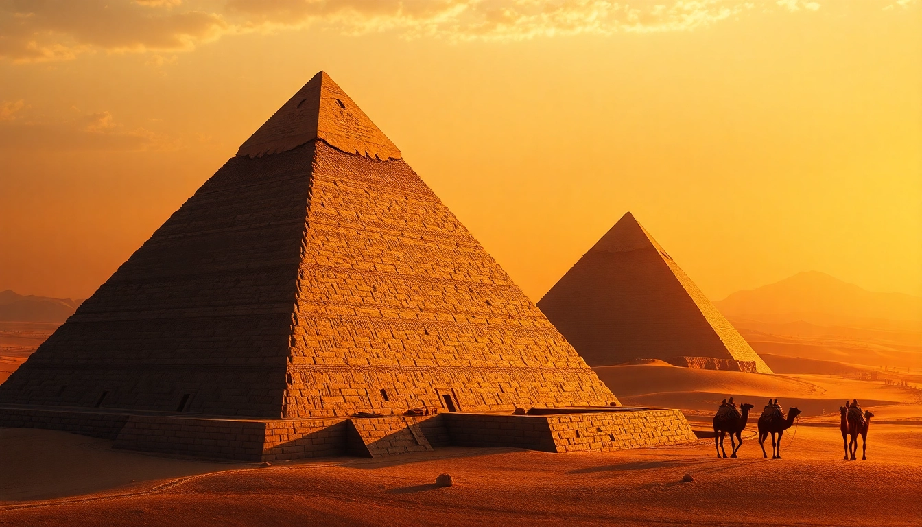 View the majestic Egyptian pyramids from https://piraminds.com/ with golden sunset casting warm light.