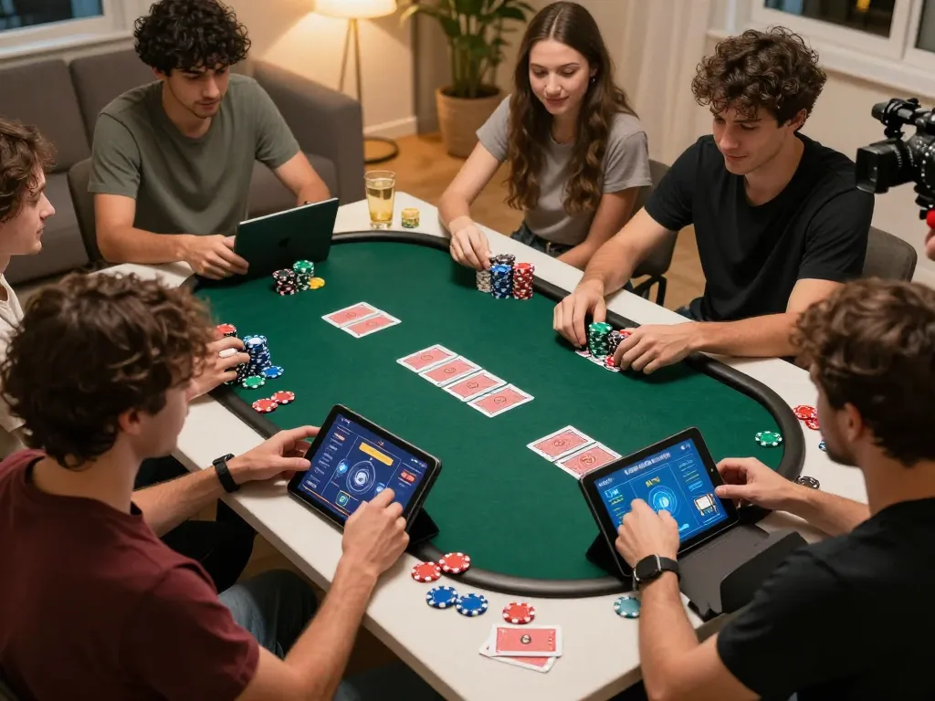 Players enjoy a competitive poker game on vipwin, surrounded by colorful chips and snacks in cozy atmosphere.