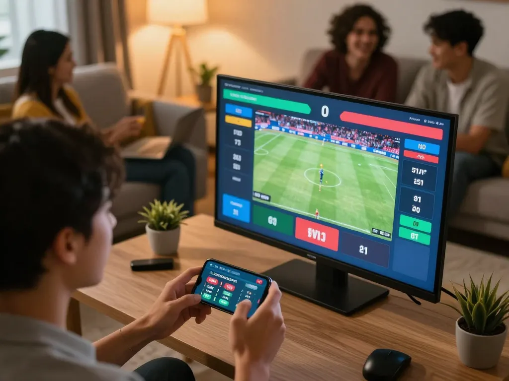 Person engaging in live sports betting on smartphone while watching event, showcasing the excitement of 678vip ne.