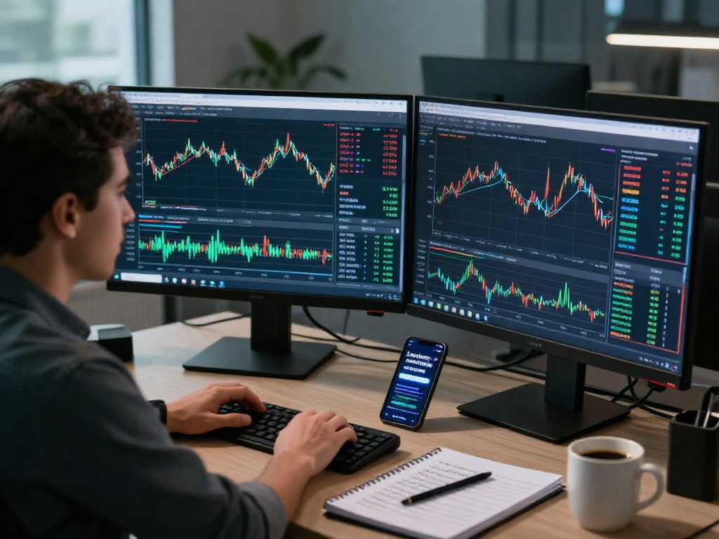 使用metatrader 5进行交易分析的现代工作站,显示外汇交易数据和实时市场新闻的双屏幕。