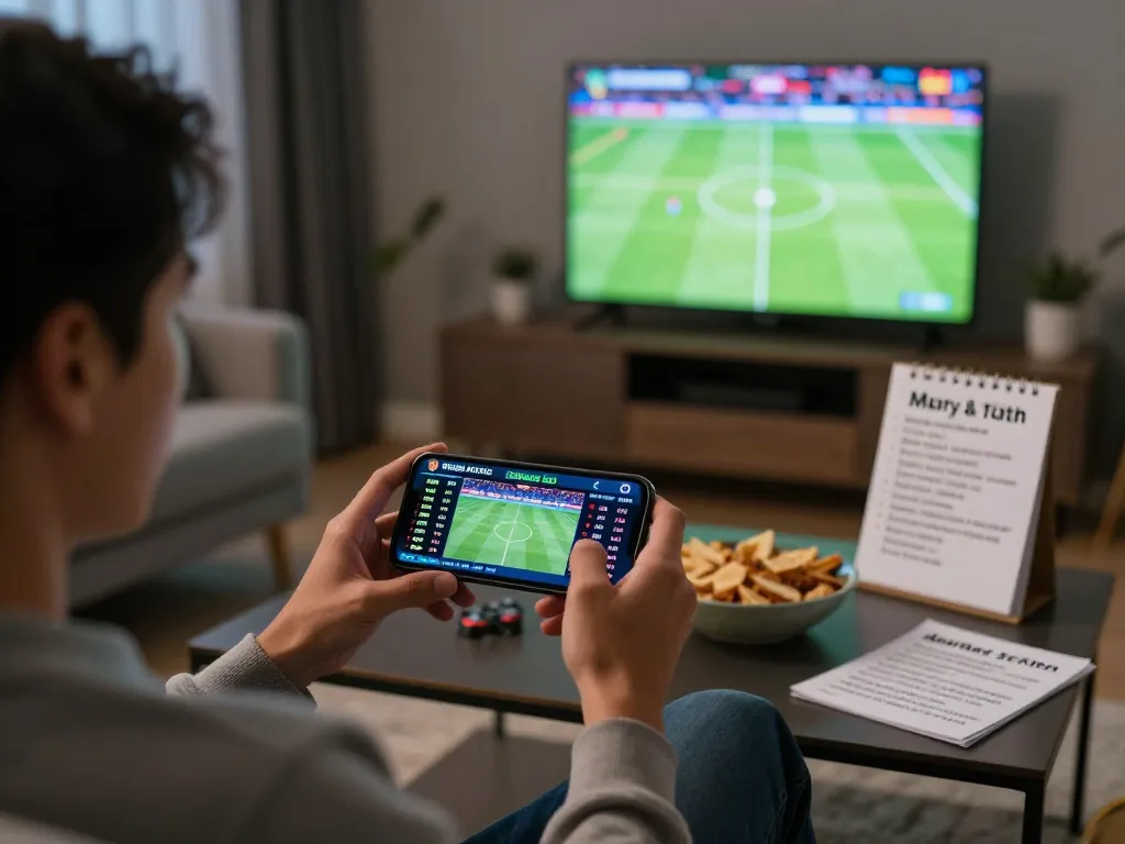 Engaging with live sports events on smartphone through 28bet link in a cozy living room setting