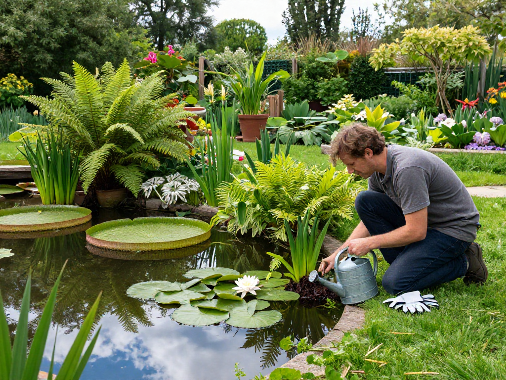 British Pond Plants flourishing in a serene garden setting, showcasing a gardener caring for water lilies with tranquil reflections.