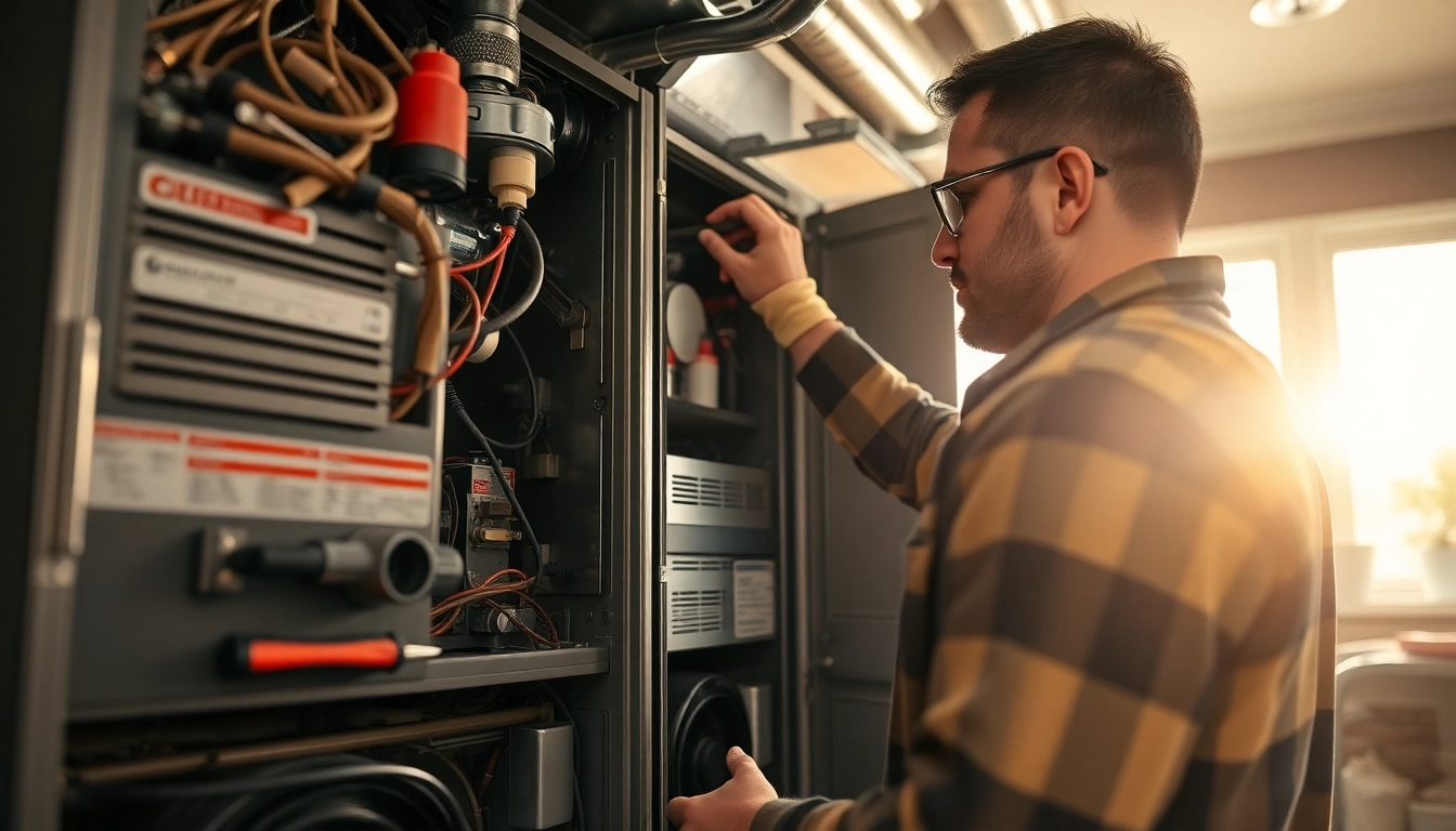 Technician providing furnace repair near me in a home environment.