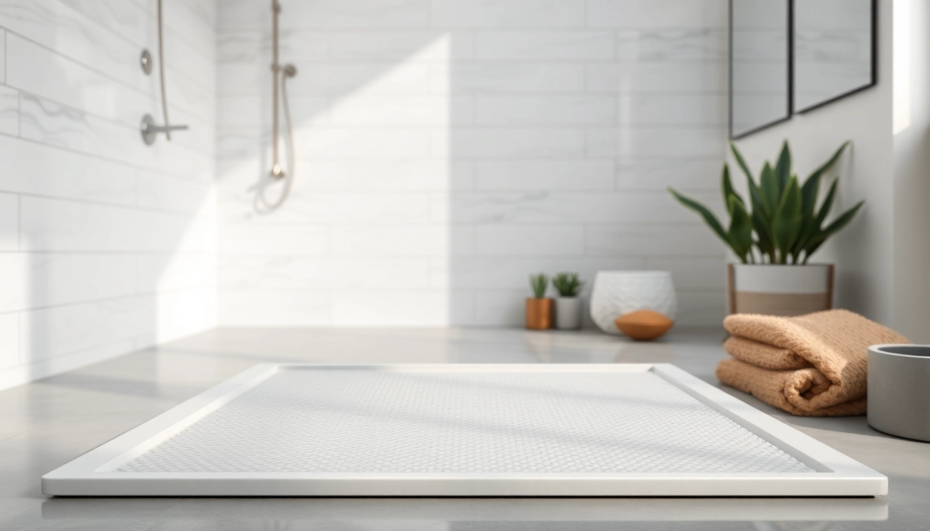 Piatto doccia moderno con superficie elegante e texture in un bagno elegante.