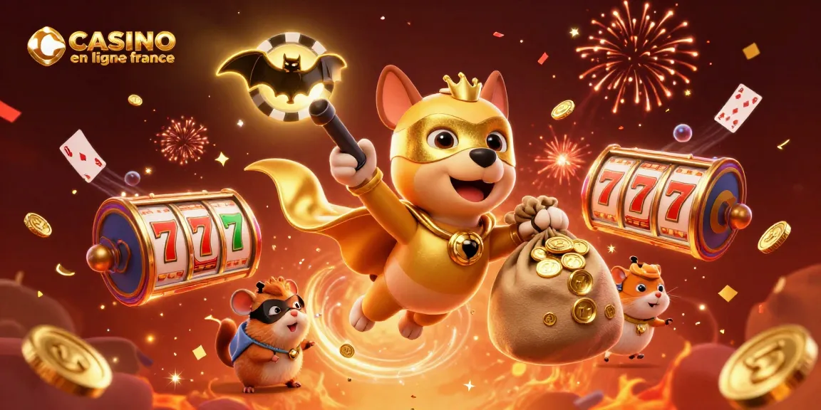 Découvrez le casino en ligne france dans une scène dynamique comprenant un chien super héros et un hamster.