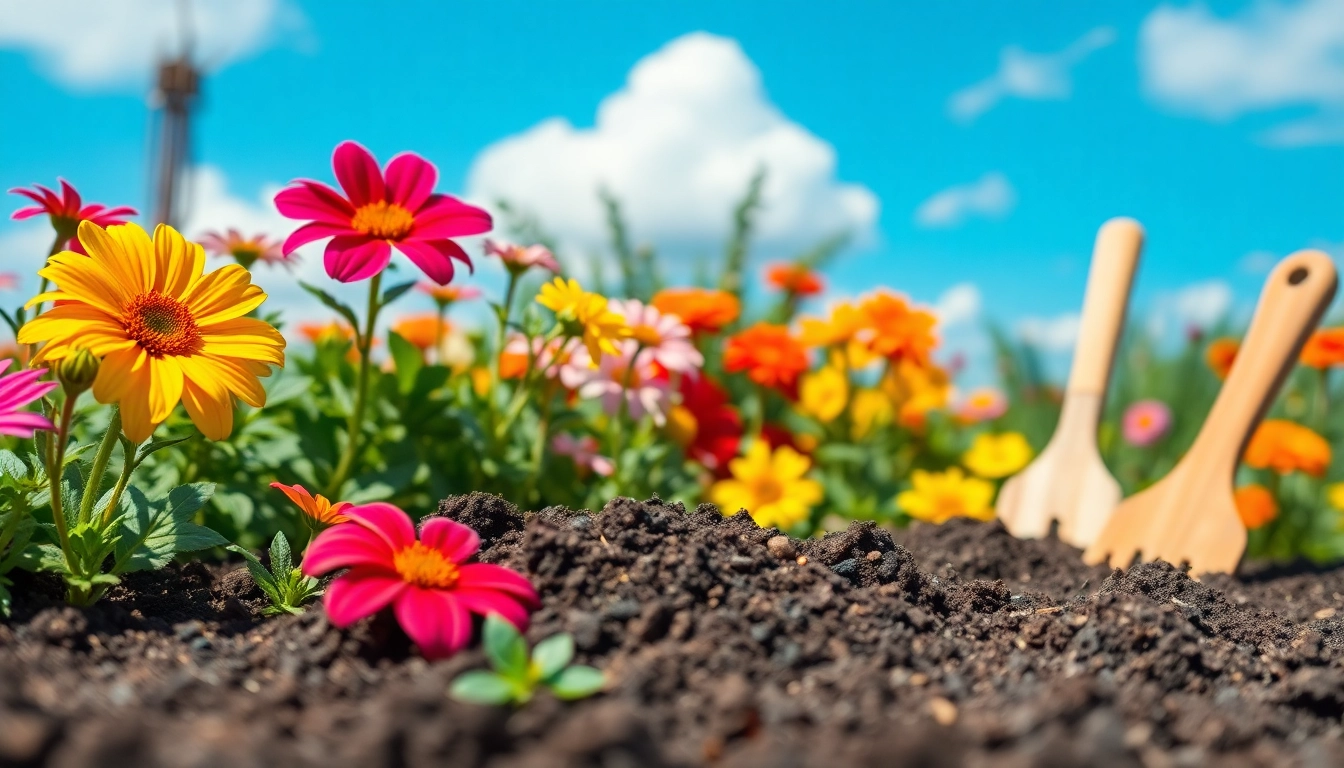 Gardening enthusiast planting seeds in a vibrant garden filled with flowers.