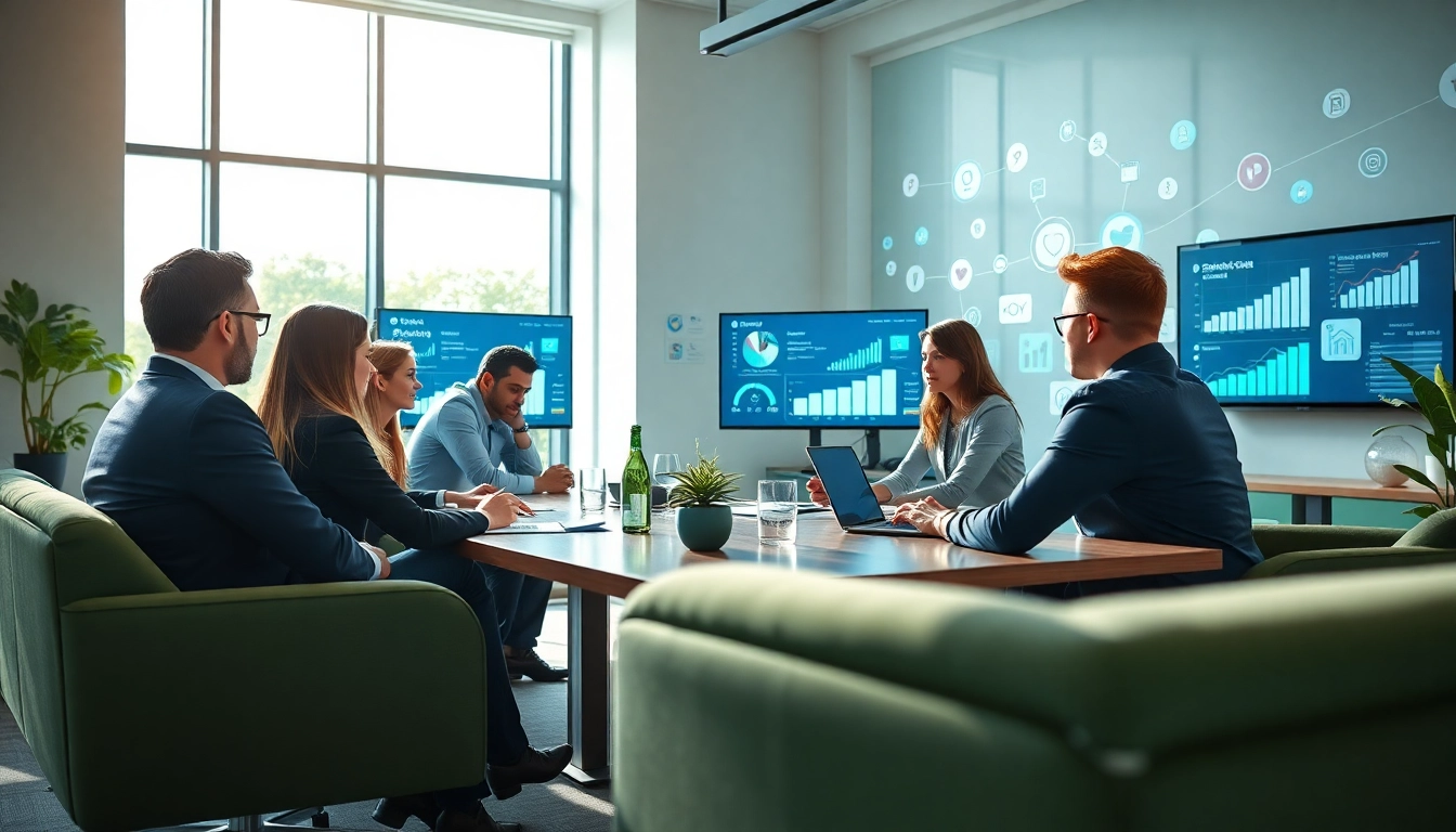 Showcase of social media marketing companies edmonton through a collaborative team in a modern workspace.