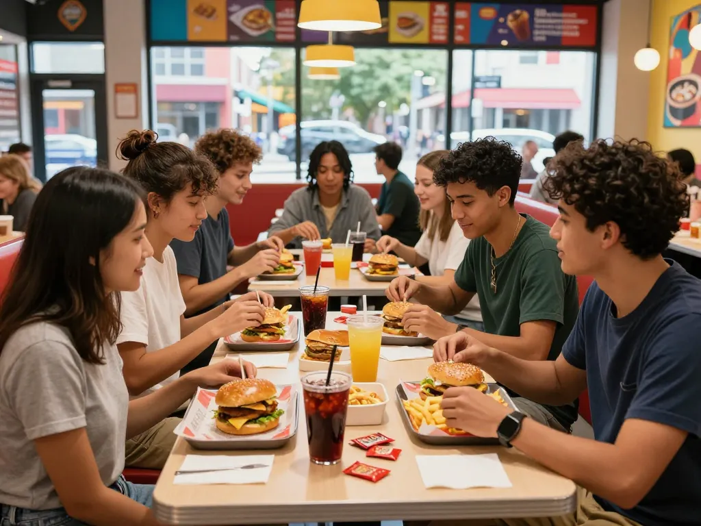 Fast food prices displayed in a lively restaurant scene with friends enjoying meals, highlighting contemporary dining experience.
