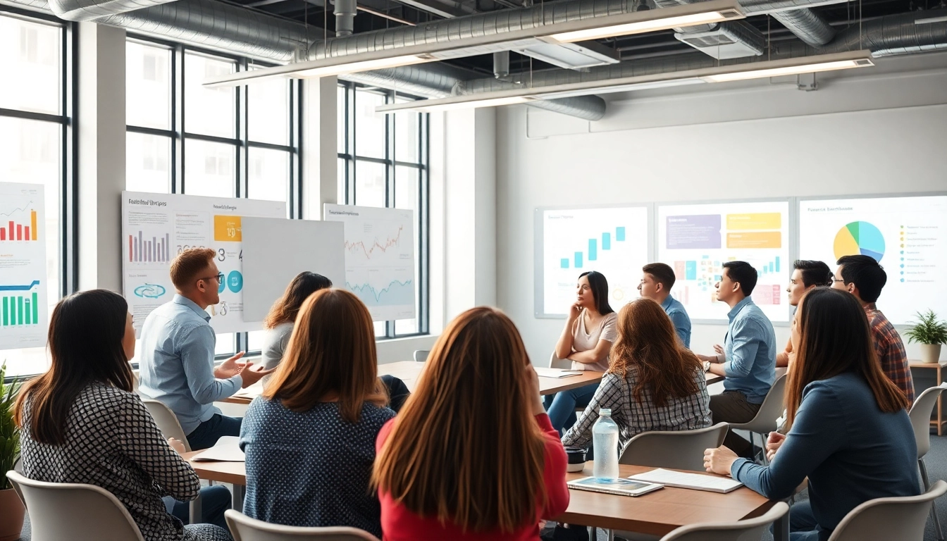 Engaged participants in a workforce development training session in a modern office.