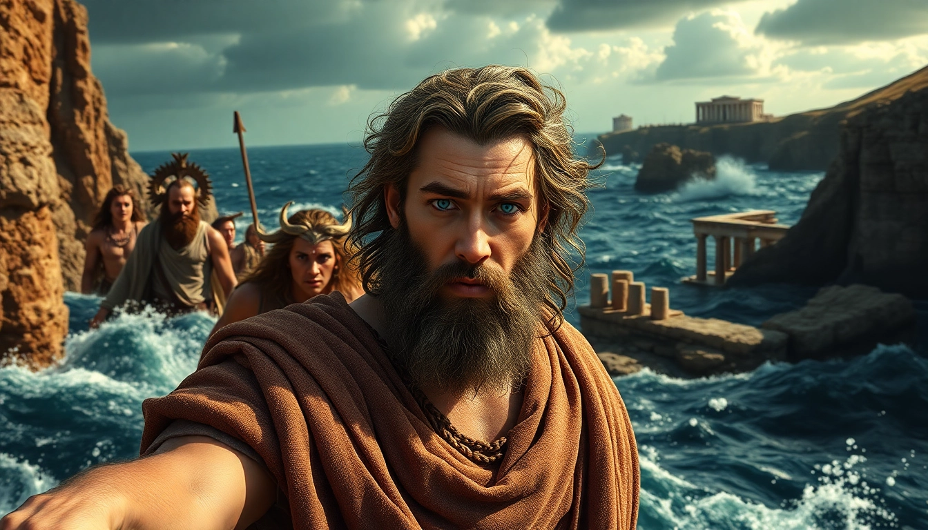 Illustration of odyssey meaning origin featuring Odysseus on his epic journey through stormy seas.