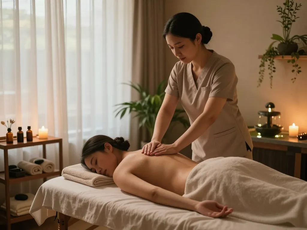 Relaxing 삼산동마사지 session in a serene spa setting with calming decor and warm lighting.
