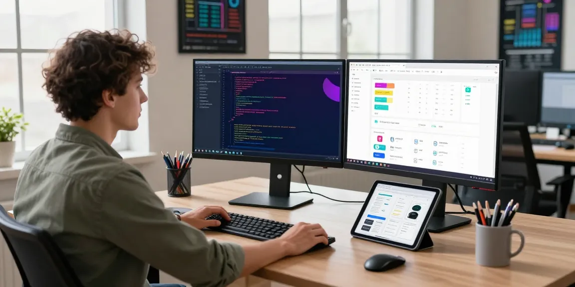 Dynamic software development workspace showcasing 纸飞机中文版官网 features with modern tech setup and vibrant coding environment.