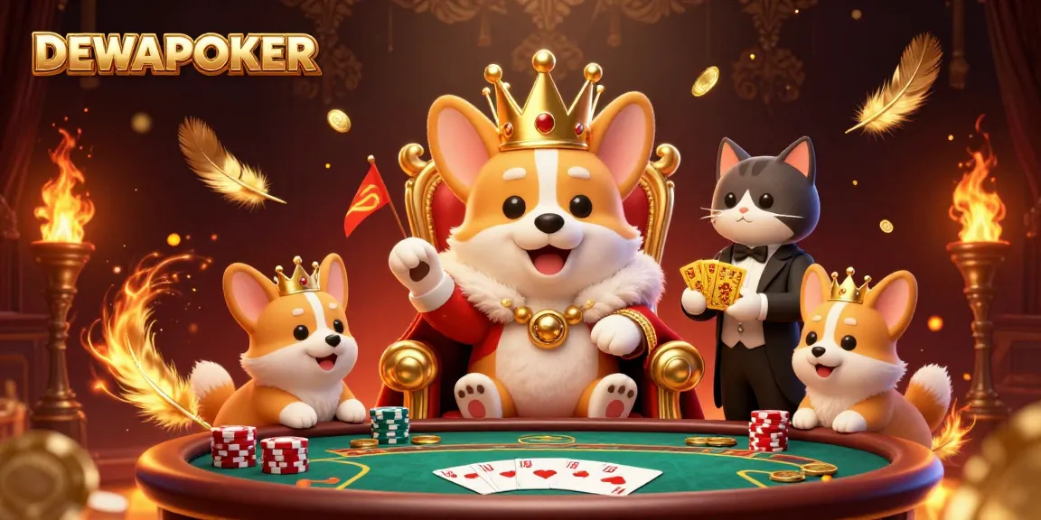 Engage with DEWAPOKER's vibrant scene showcasing a royal corgi on a poker chip throne amid golden game elements.