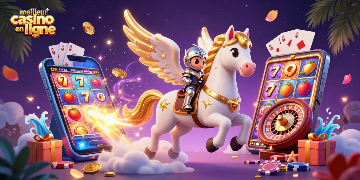 Illustration d'un cheval céleste et chevalier dans un meilleur casino en ligne, entourés de jeux variés.