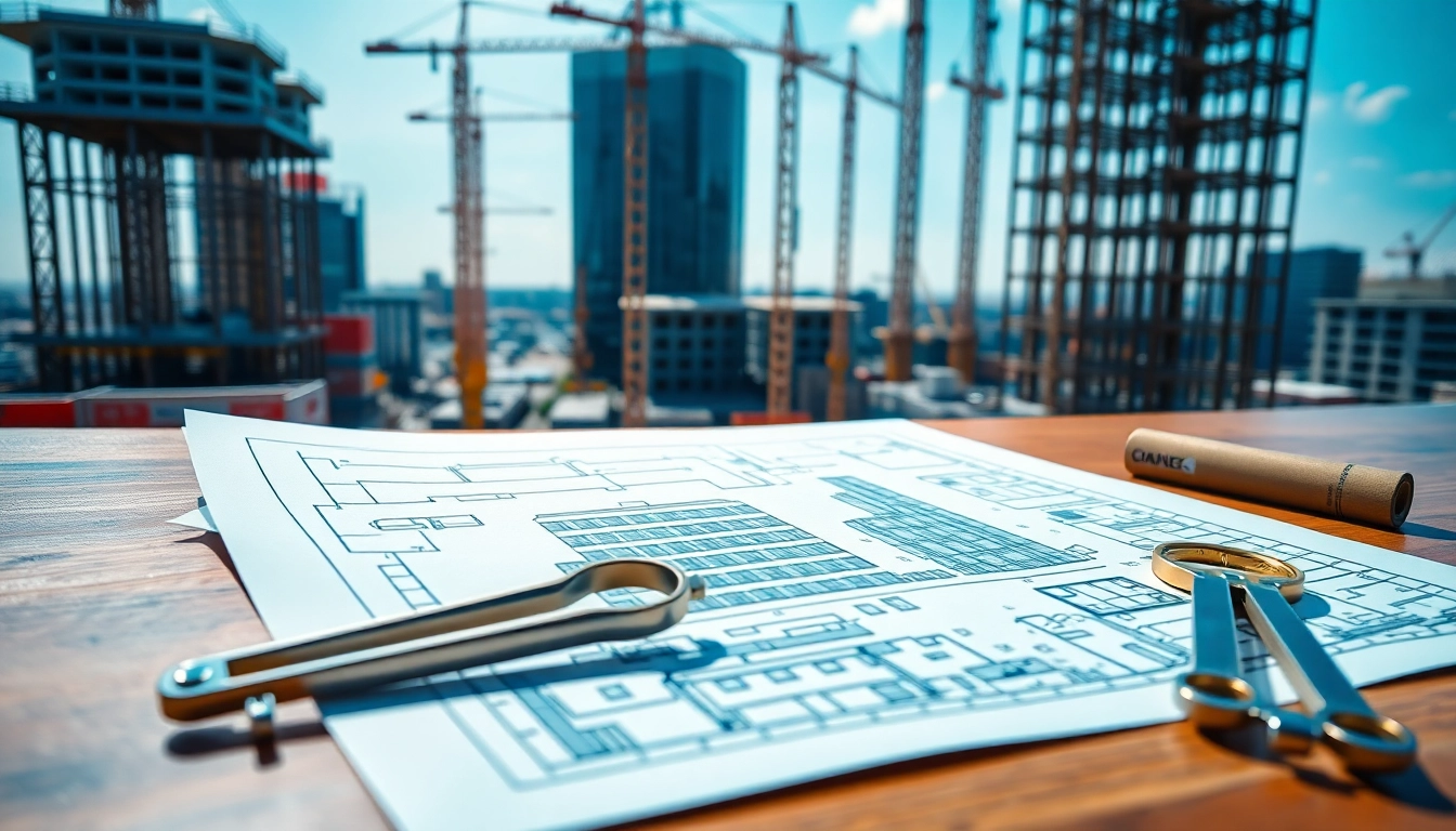 Commercial building developer examining blueprints on a construction site environment.