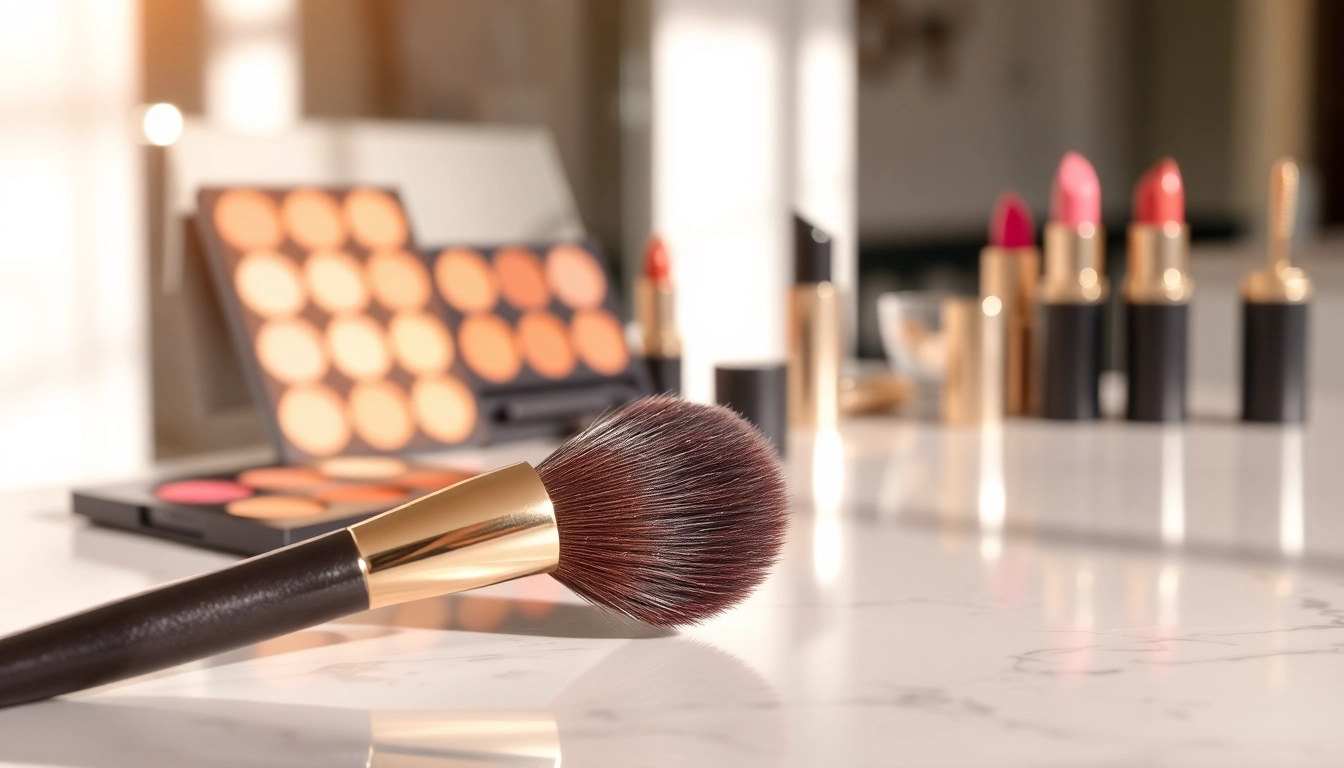 Applying makeup with an angled makeup brush on a marble surface, showcasing its precise design.