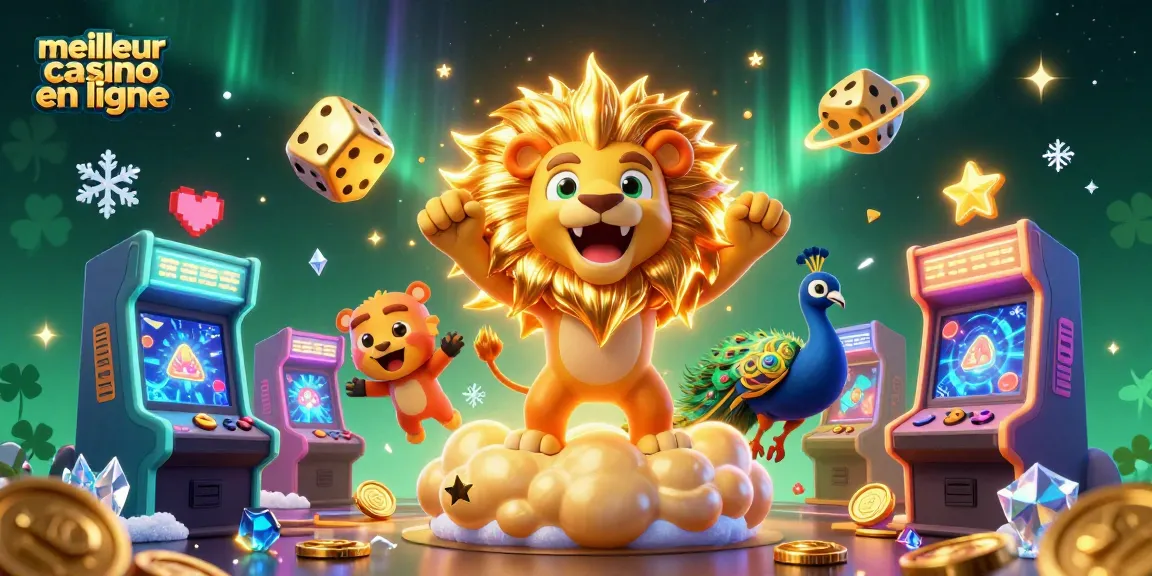 Visualisez le meilleur casino en ligne avec un lion solaire, des dés d'or et des machines de jeu colorées.
