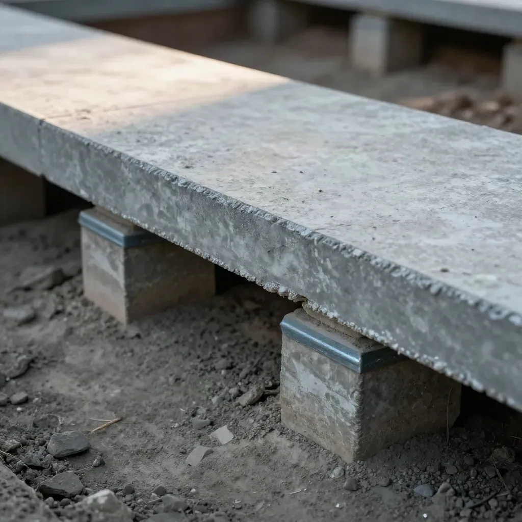 Reinforced slab edge on underpinning piers over compacted ground in warm natural light.