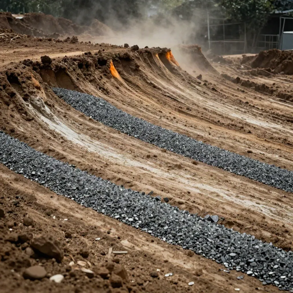 Lime-stabilized clay subgrade with streaks, crown, and aggregate drying in warm site light.