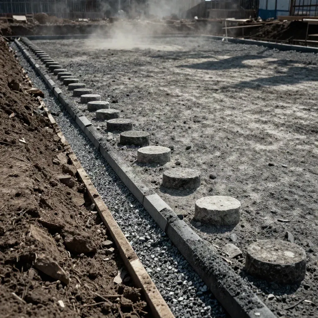 Wide editorial scene of a stabilized pad with stone-column heads and geotextile at a cut edge.
