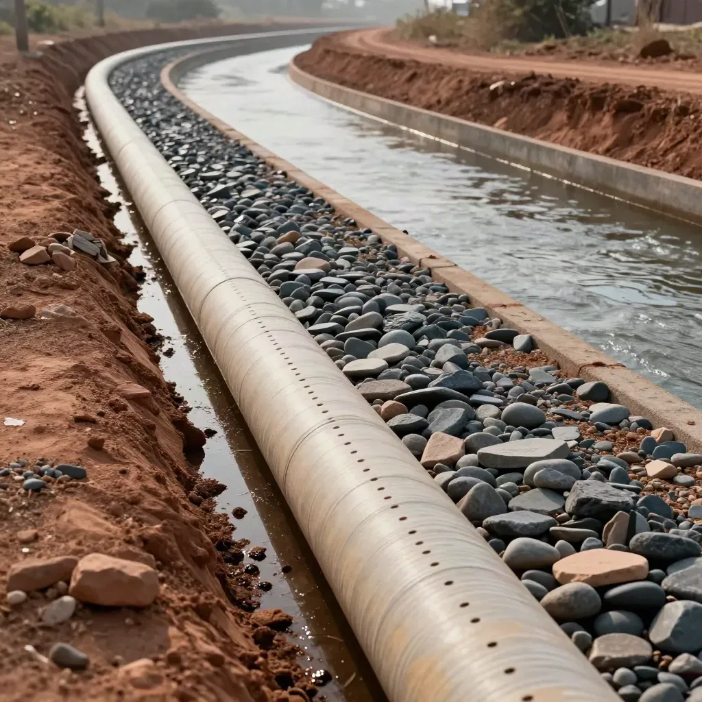 Drainage pipe and stone trench carrying stormwater away through a misty site