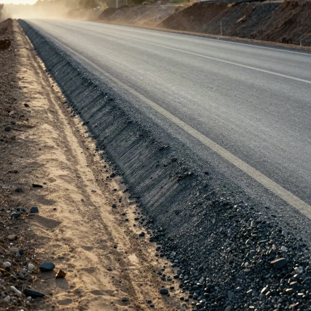 Stabilized road base with sharp berms and haze under low dramatic light