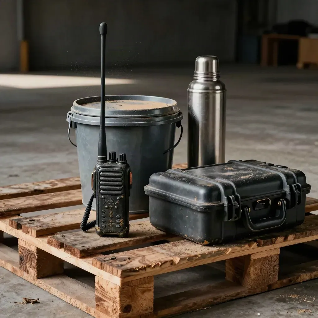 Field gear still life: radio, sample bucket, thermos, and equipment case in a dim warehouse.