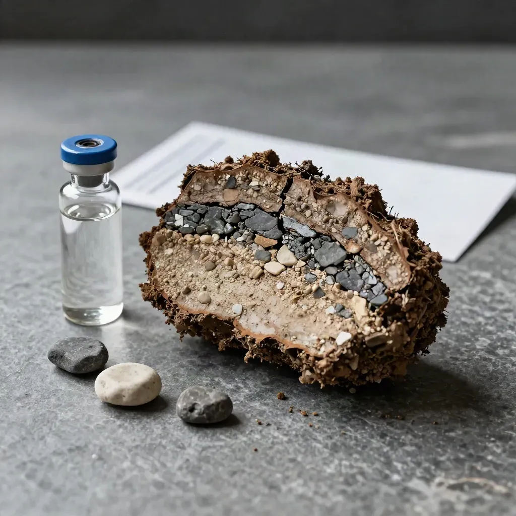 Soil core slice, groundwater vial, and subgrade stones on matte stone in an overhead still life.