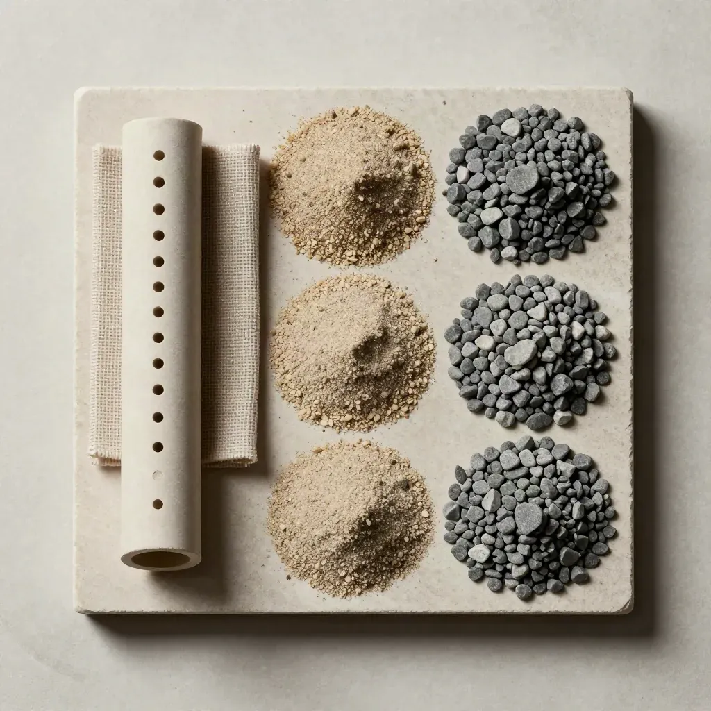 Overhead tray with drain pipe, graded aggregate, and folded geotextile on pale stone.