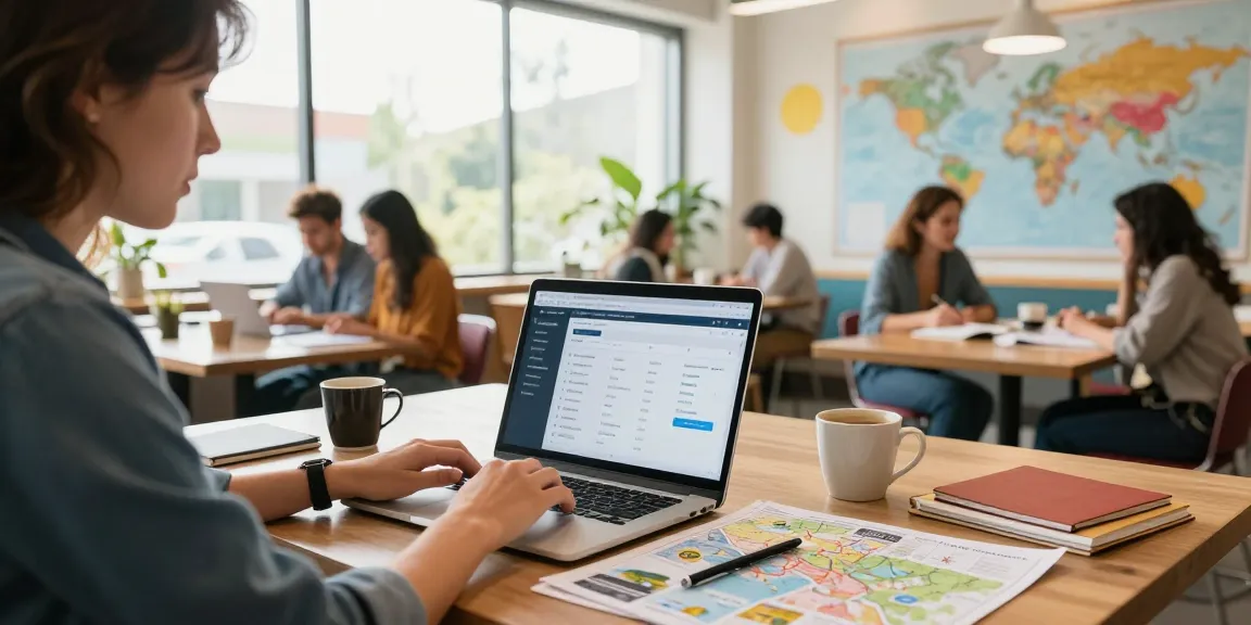 Host agency software user planning travel itineraries in a vibrant co-working space.