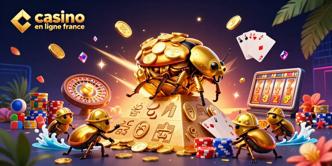 Jouez sur casino en ligne France avec des symboles de machines à sous et des jetons dorés.
