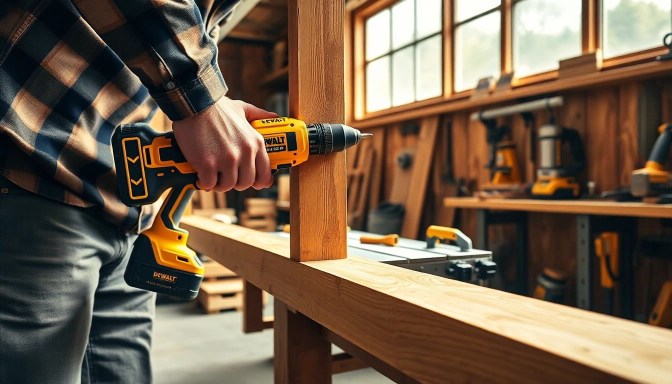 Professional carpenter utilizing DeWalt tools in a vibrant workshop, showcasing power and precision.