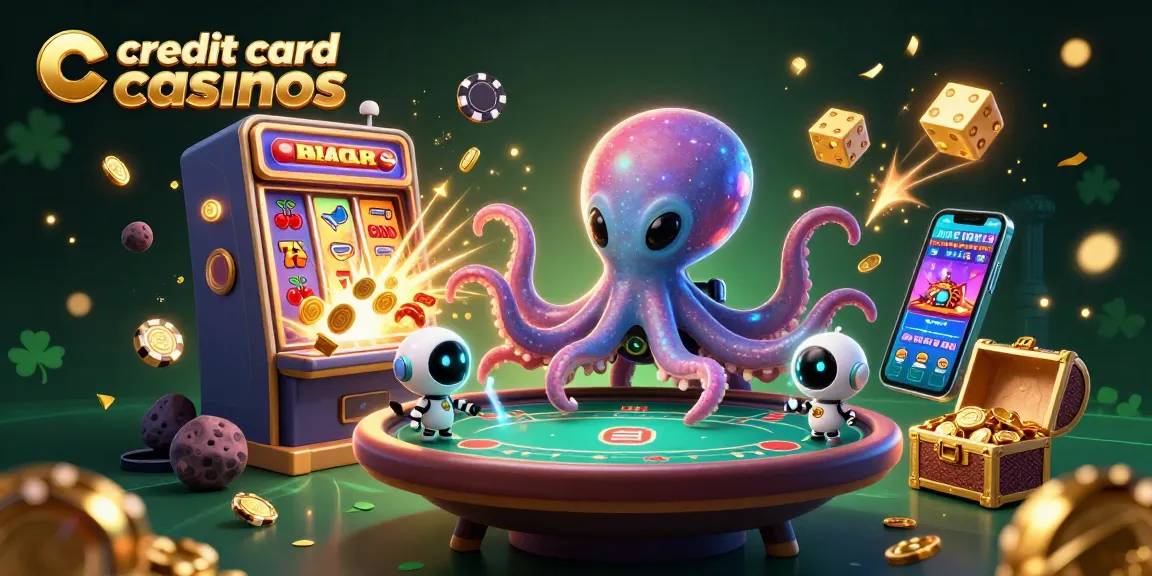 Experience the excitement of credit card casinos with a vibrant, animated casino scene featuring an alien octopus and slot elements.