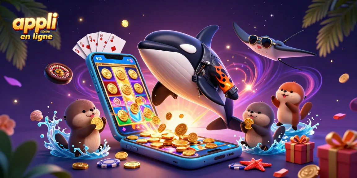 Appli casino en ligne avec un orque, une raie et des loutres flottant sur des pièces d'or.