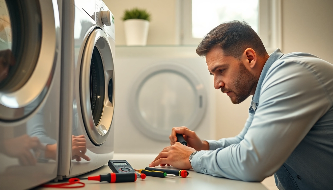 Fix washing machine with a technician inspecting and repairing in a clean laundry room.