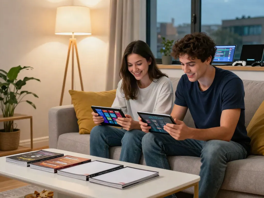 Couple exploring credit card casinos UK on tablets in a stylish modern living room.