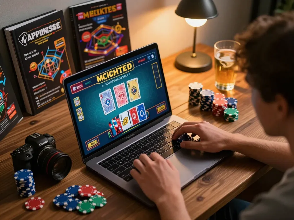 Engaging online gaming scene showcasing a player using TG88 app for casino games with strategic notes visible.