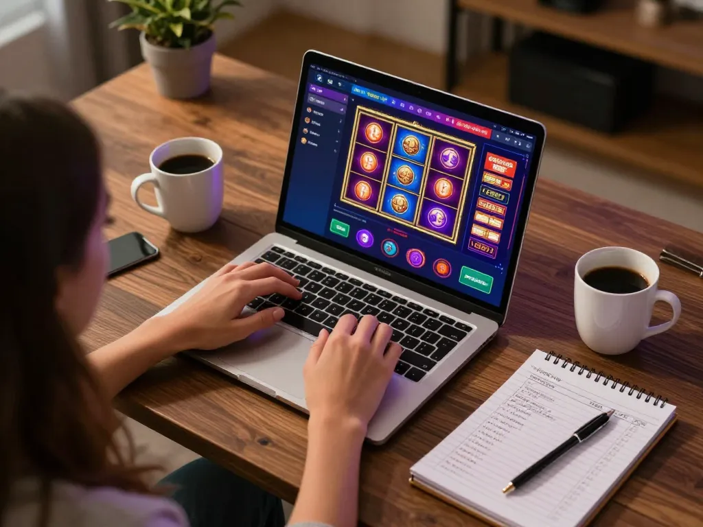 Playing tg88 online slot games on laptop with engaging interface and betting notes