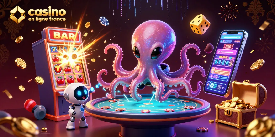 Un octopus extraterrestre et un robot jouent au casino en ligne France, entourés de machines à sous et de jetons.